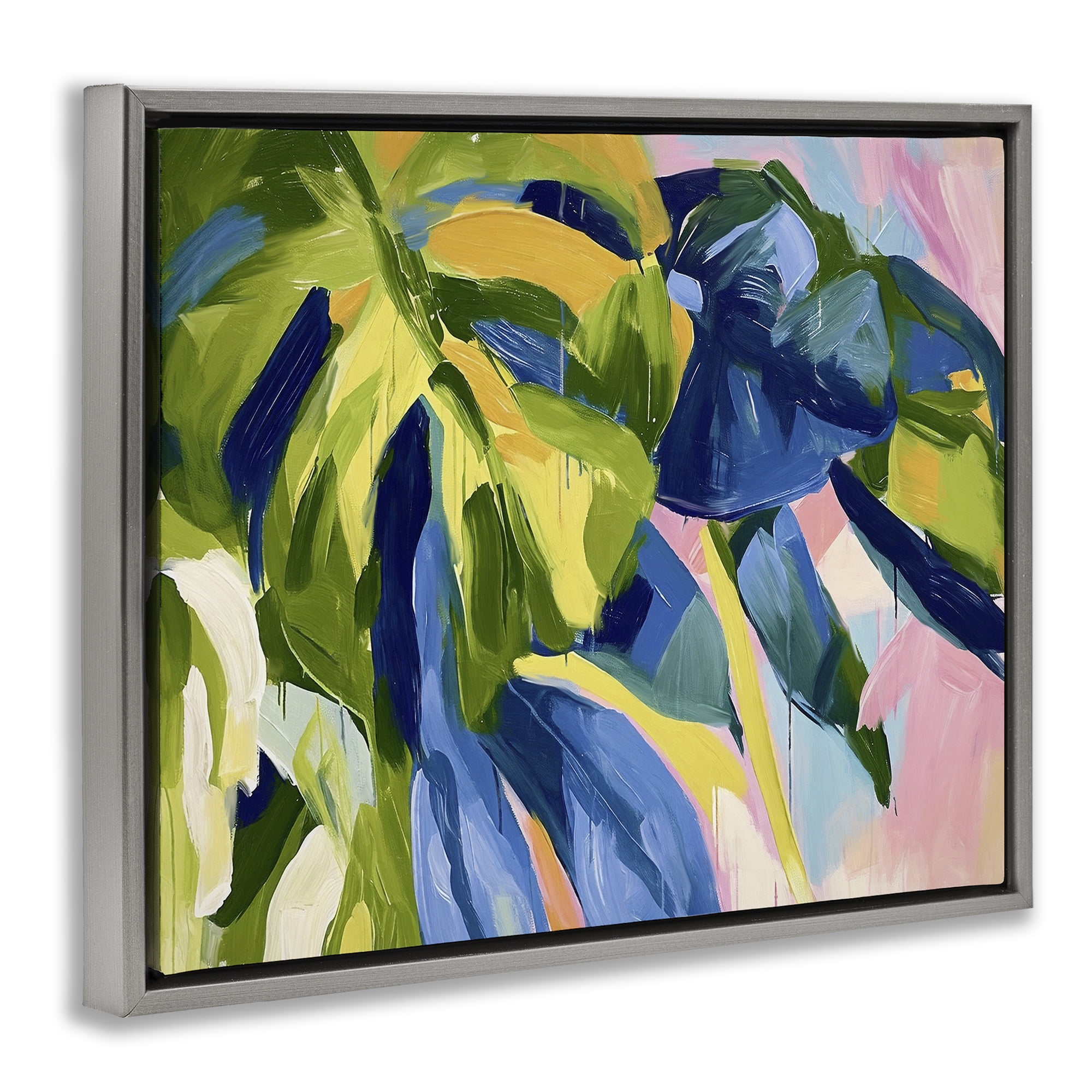 Stupell Industries Tropical Leaves Layered Botanical & Floral Painting Gray Floater Framed Canvas Art Print Wall Art, 21 x 17