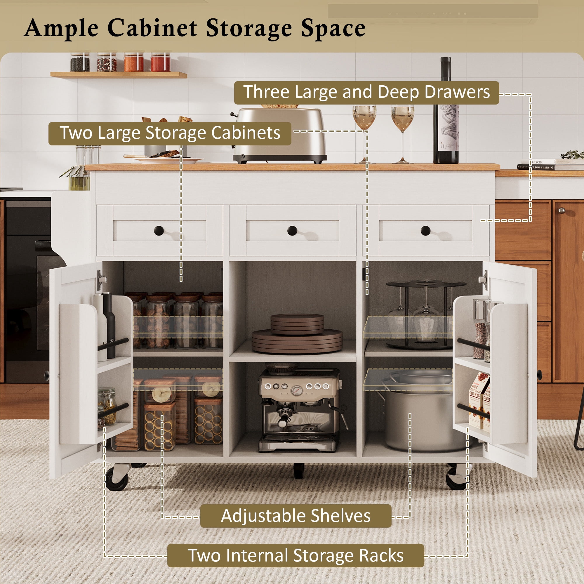 Leumius Kitchen Island with Extendable Dining Table, Kitchen Storage Table with 3 Side Open Shelves, Rolling Kitchen Island with Power Outlet, 3 Drawers, 2 Doors for Kitchen Dining Room White