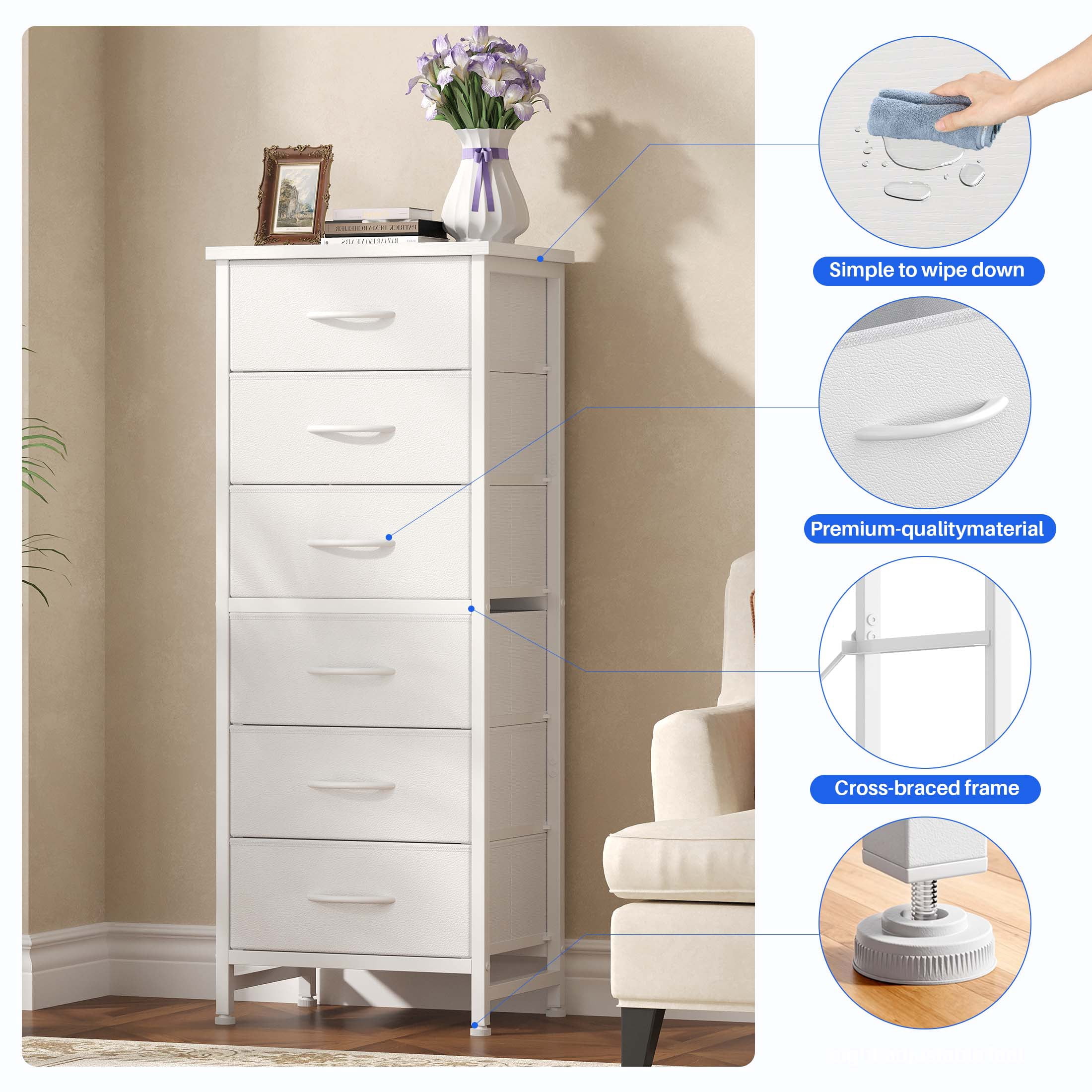 EDX 6 Drawer Fabric Dresser for Bedroom , Storage Organizer, Wide Chest of Drawers for Closet, Clothes,TV Stand, White