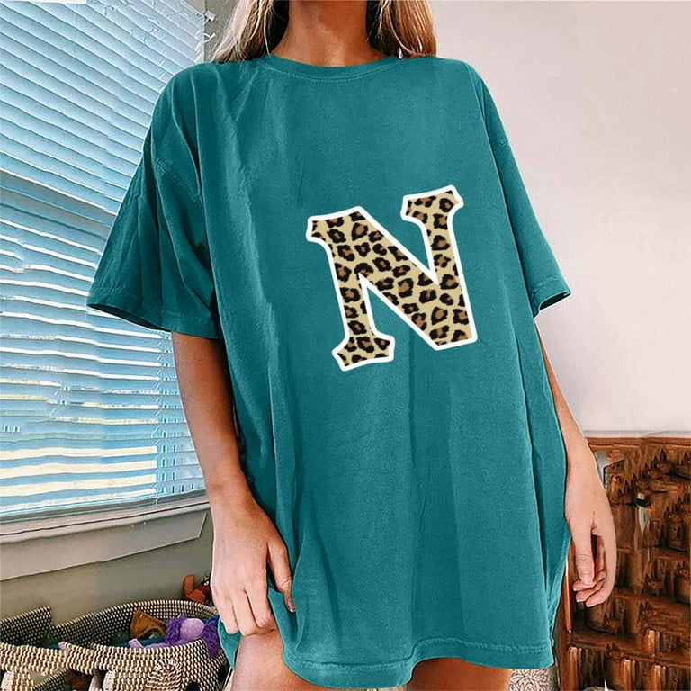 Womens T Shirts Oversized Loose Fit Trendy Drop Shoulder Sleeve Crew Neck  Letter N Graphic Blouse Tops 
