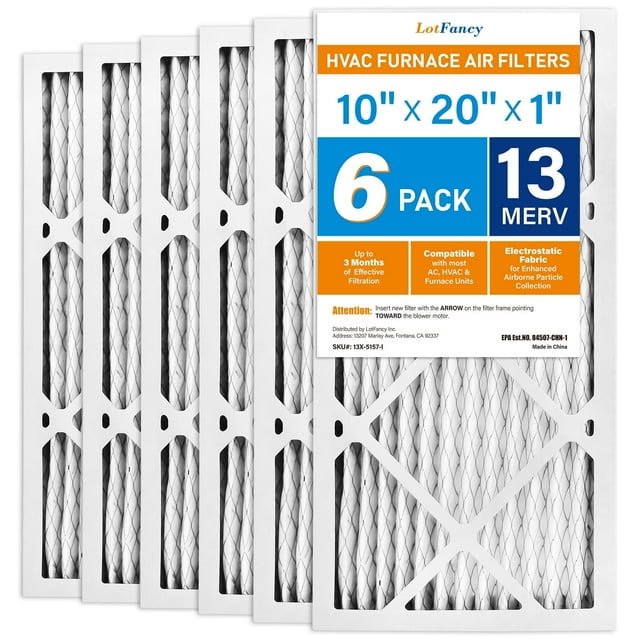 LotFancy Filtros de Aire 10x20x1, Filtros de Aire para Horno HVAC AC Plisados MERV 13, Paquete de 6