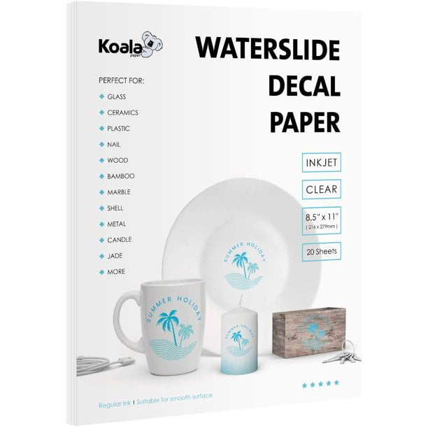 Koala Waterslide Decal Paper INKJET CLEAR, 20 Sheets 8.5x11 Inch Water