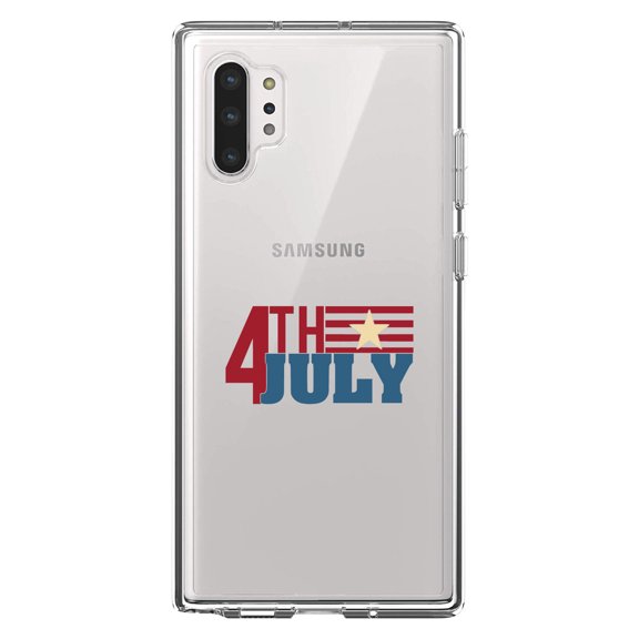 DistinctInk Clear Shockproof Hybrid Case for Galaxy Note 10 PLUS (6.8" Screen) - TPU Bumper Acrylic Back Tempered Glass Screen Protector - 4th of July Word Art USA Flag