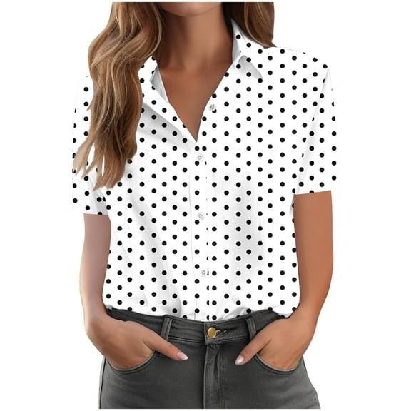 Ashyfjp Shirts for Women Casual Regular Fit Polka Dot Print Short Sleeve V Neck Button Down Lightweight Womens Tops for Daily Summer Wear, White, XXL