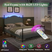Papajet Upholstered Queen Size Bed Frame with 51.2 LED Headboard & Wood Slats, Dark Grey