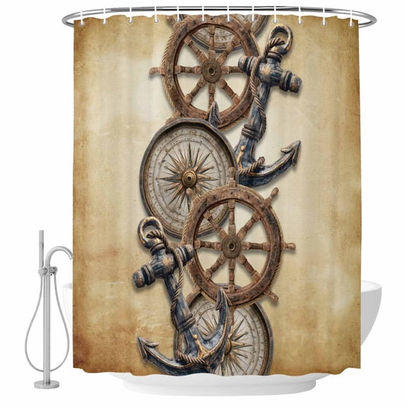 Vintage Anchor Nautical Shower Curtain, Waterproof Shower Curtains for Bathroom, Coastal Compass Brown Washable Fabric Bathtub Curtain Set Bath Decor with 12 Hooks 48"x72"