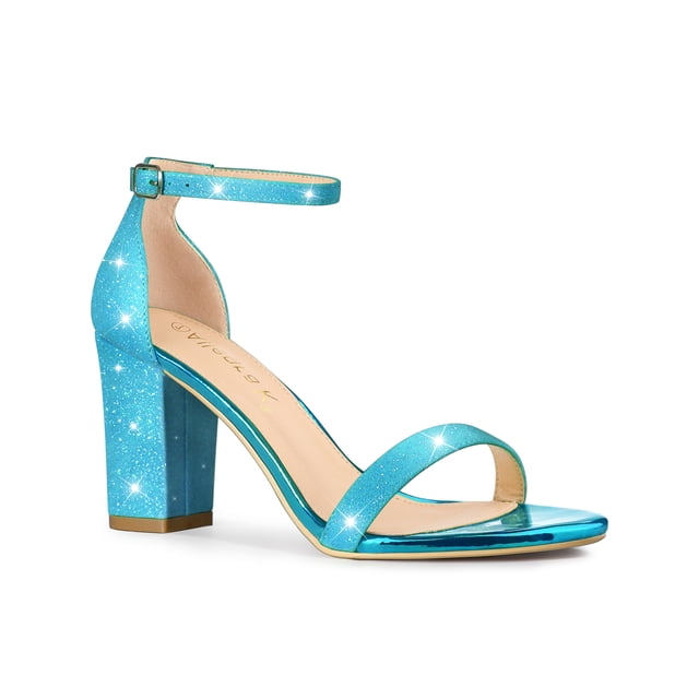 BLISSFUL STEP Women's Open Toe Ankle Strap Buckle Block Heels Glitter Sandals Blue 7