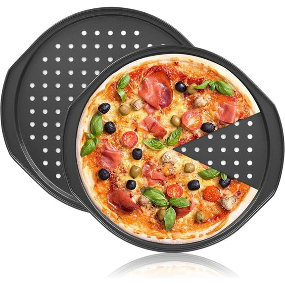UU&T 14 inch Nonstick Pizza Pan with Holes, Round Carbon Steel Pizza Kitchen Baking Cookie Tray for Oven with Grip Handles, 2 Pack