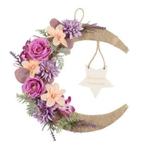 Ramadan Mubarak Crescent Moon Hanging Décor, Burlap Textured Moon with Pastel Faux Flowers & Greenery, White Star Sign with Gold Lettering, Islamic Wall Door Hanging Ornament for Ramadan Home Décor