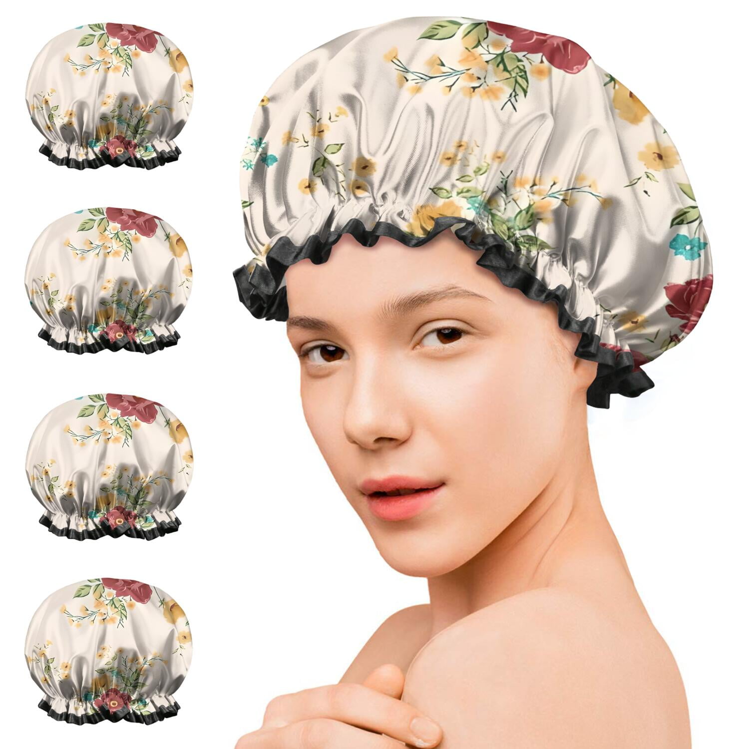 Shower Caps,Pioneer Flower Floral Print Pattern Waterproof Shower Cap for Women 4 Pieces,Double Reusable Hair Cover for Shower PEVA Elastic Stretch Hem