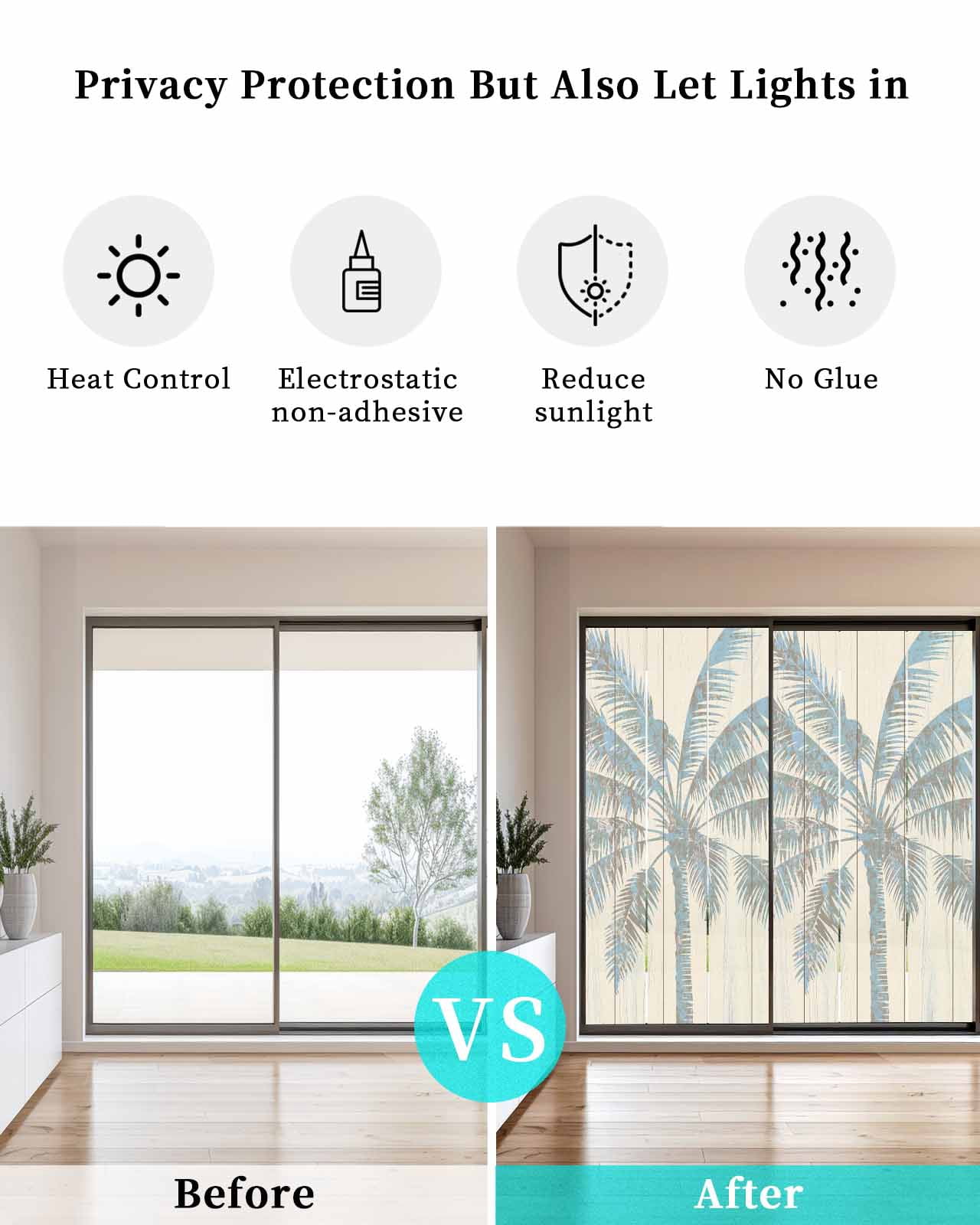 Window Privacy Film Summer Palm Trees Stained Glass Window Film Decorative Sun Block Window Cover Tropical Plants Vintage Wood Grain Window Clings Static Adhesive Sticker for Bathroom 35.4"x78.7"