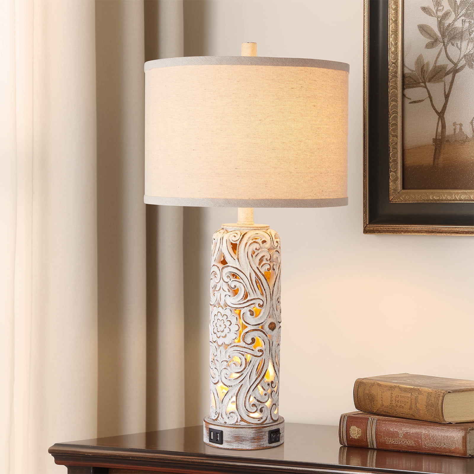 RORIA 25" Country Style Table Lamps Set of 2，for Living Room Bedroom Nightstand, Hollow Resin Farmhouse Vintage Bedside Lamp with 2 USB Ports with Night Light, LED Bulb Included