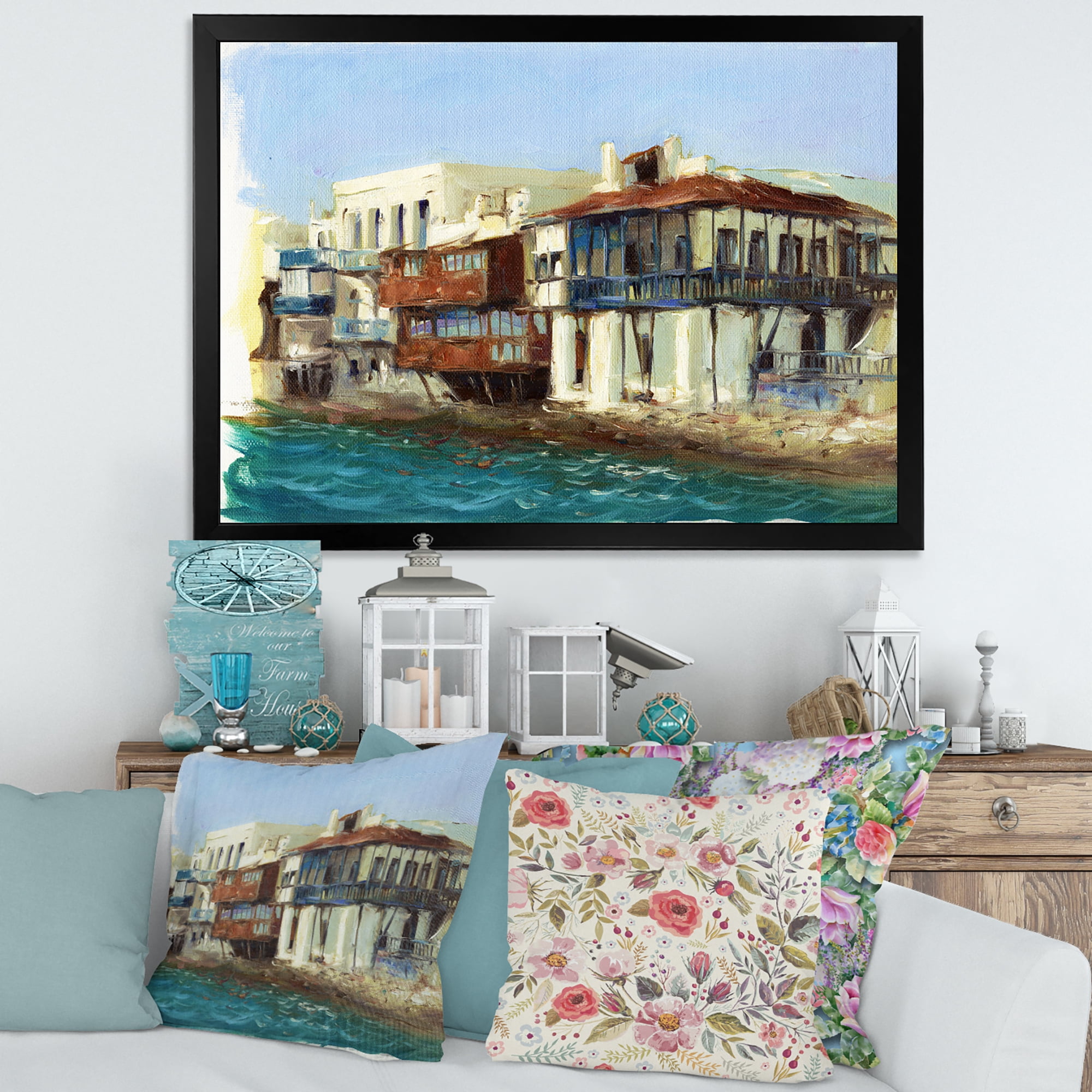 Designart 'Impression Old Houses On The Island of Mykonos Greece' Nautical & Coastal Framed Art Print