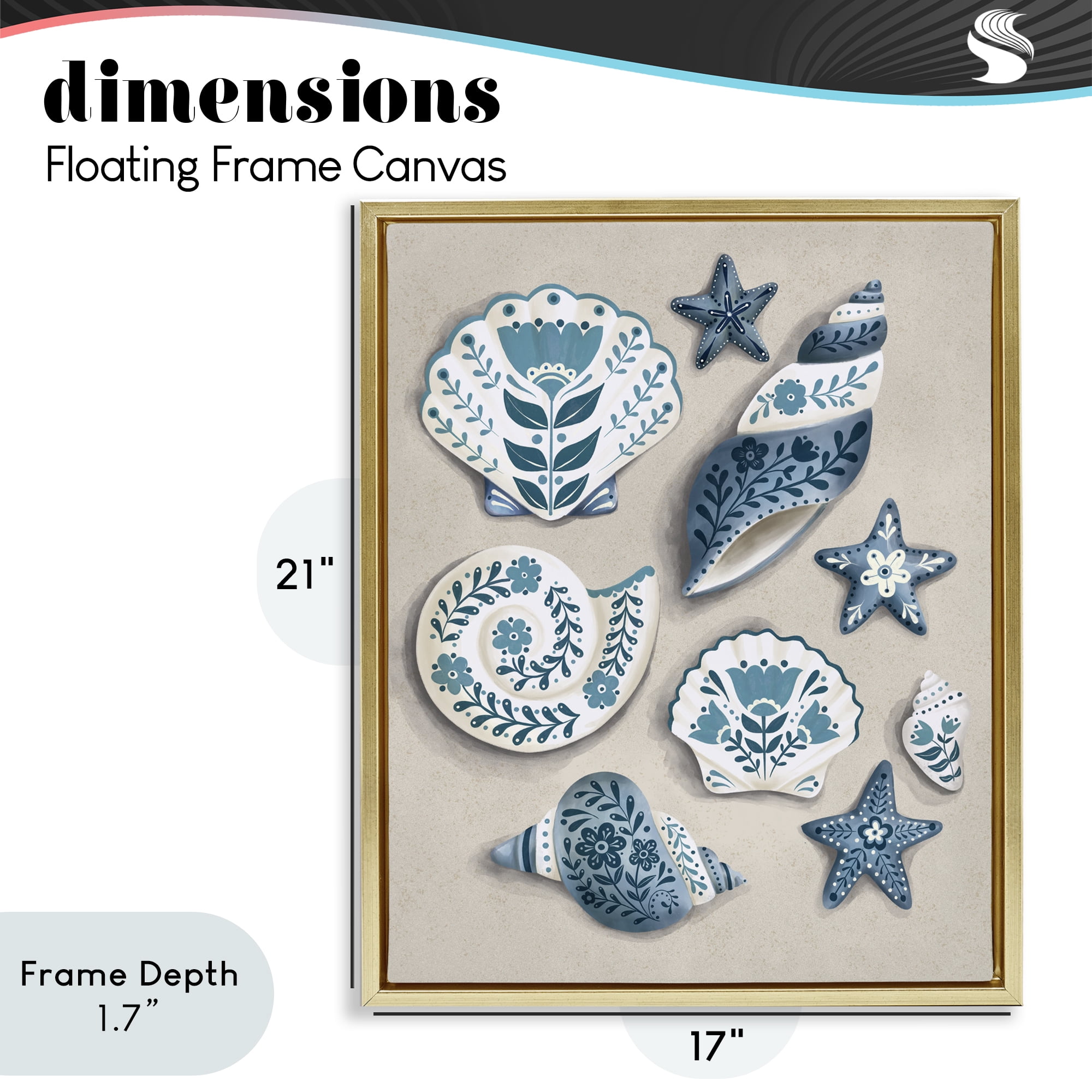Stupell Industries Teal Nautical Floral Seashells Gold Framed Floater Canvas Wall Art, design by Penny Aguilera
