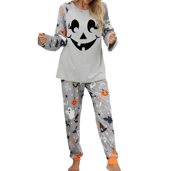 Halloween Pajamas Women Cute Ghost Pumpkin 2 Piece Pajama Sets Fall Soft Long Sleeve Pjs with Pants Spooky Outfits