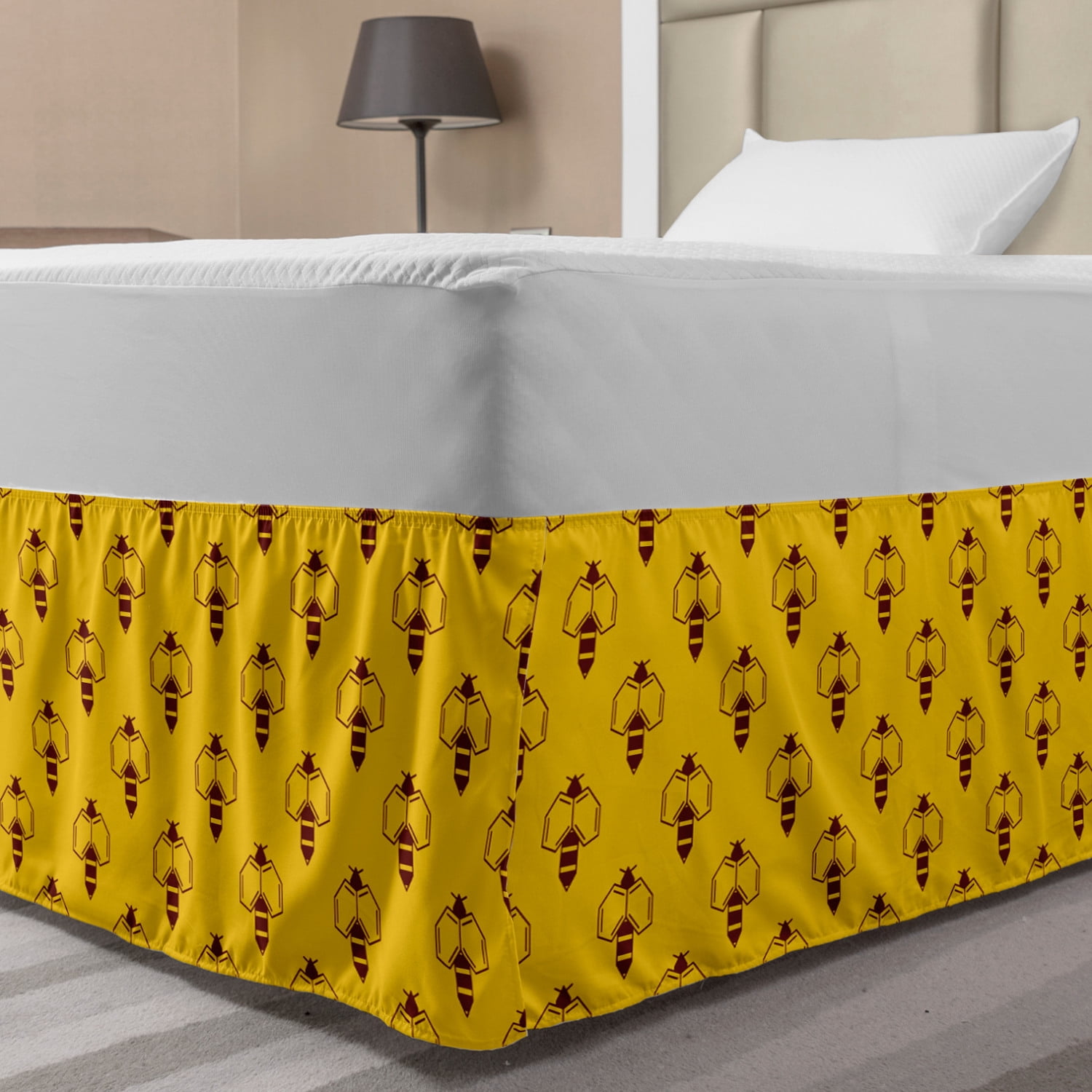 Queen Bee Bed Skirt, Geometric Honey Lover with Wings Nature Theme Bumblebee Design, Elastic Bedskirt Dust Ruffle Wrap Around for Bedding Decor, 4