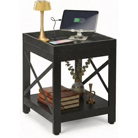 ZEXVIDA Farmhouse Side Table with Charging Station,Square End Table with 2-Tier Storage Shelf, Sofa Table with X-Metal Frame,Coffee Table Nightstand for Living Room Bedroom Small Spaces,Black