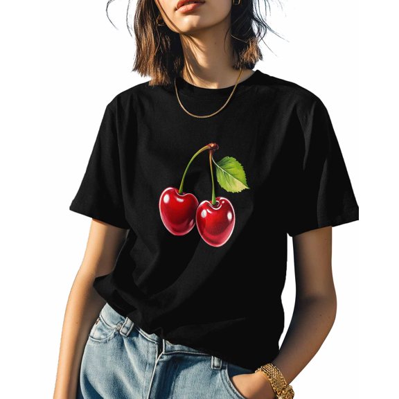 Red Cherry Womens Tshirt Graphic Tees Cotton Crew Neck T-Shirts, Casual Short Sleeve Shirts for Women Teen Girl