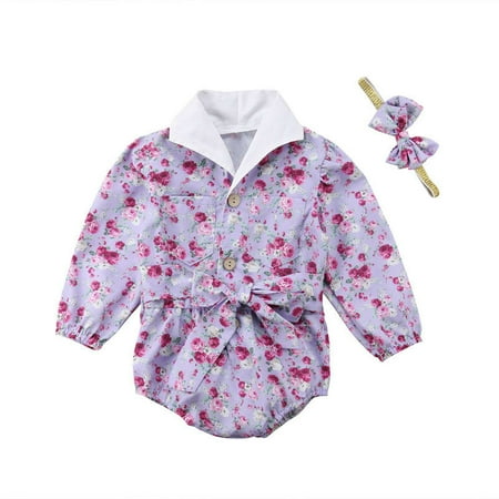

Newborn Baby Girl Floral Shirt Romper Jumpsuit Bodysuit+Headband Outfits Clothes
