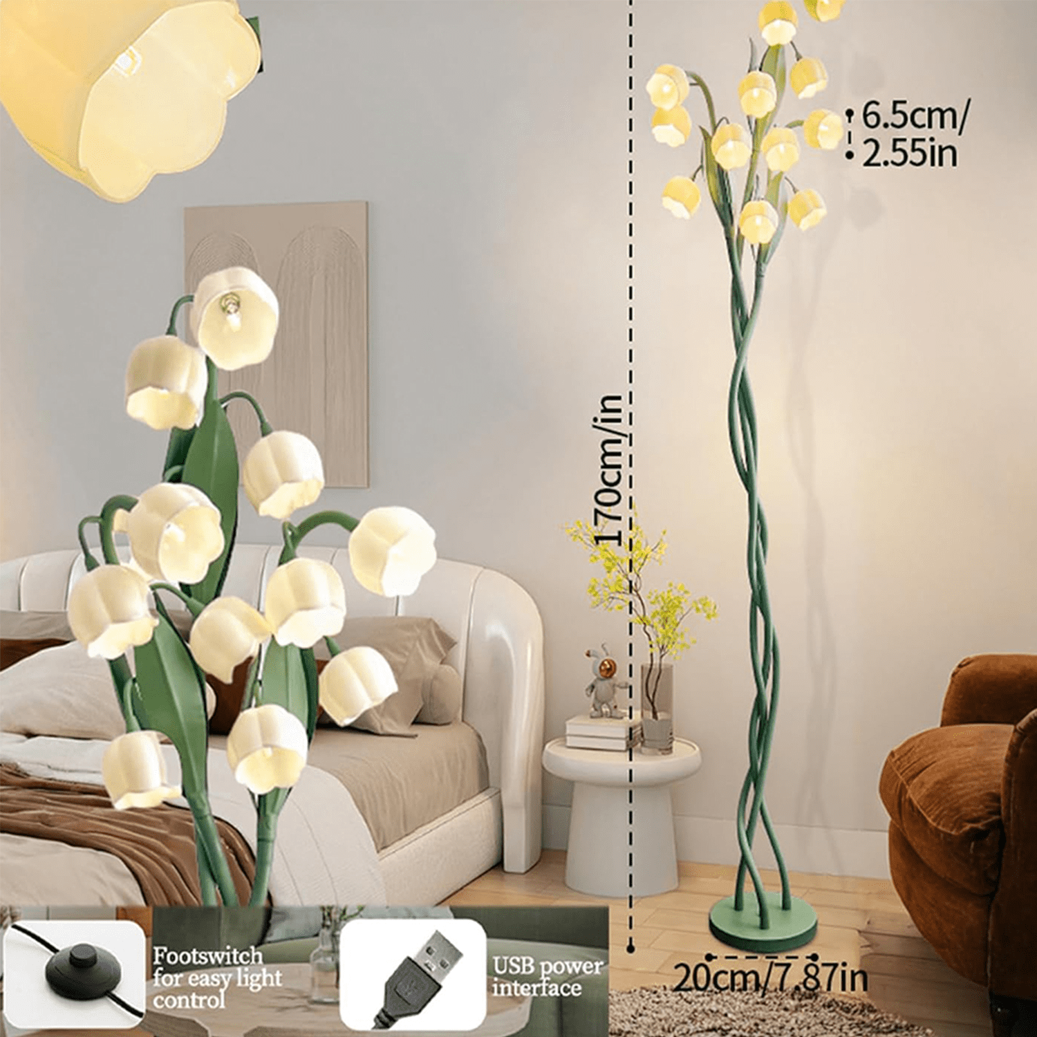 12 Heads Flowers Floor Lamp: Adjustable Lily of the Valley Light with 3 Bendable Stems - Retro Vintage Style 63-Inch Tall Floor Lamp for Living Room - Plug In Ready with Cream Bulb