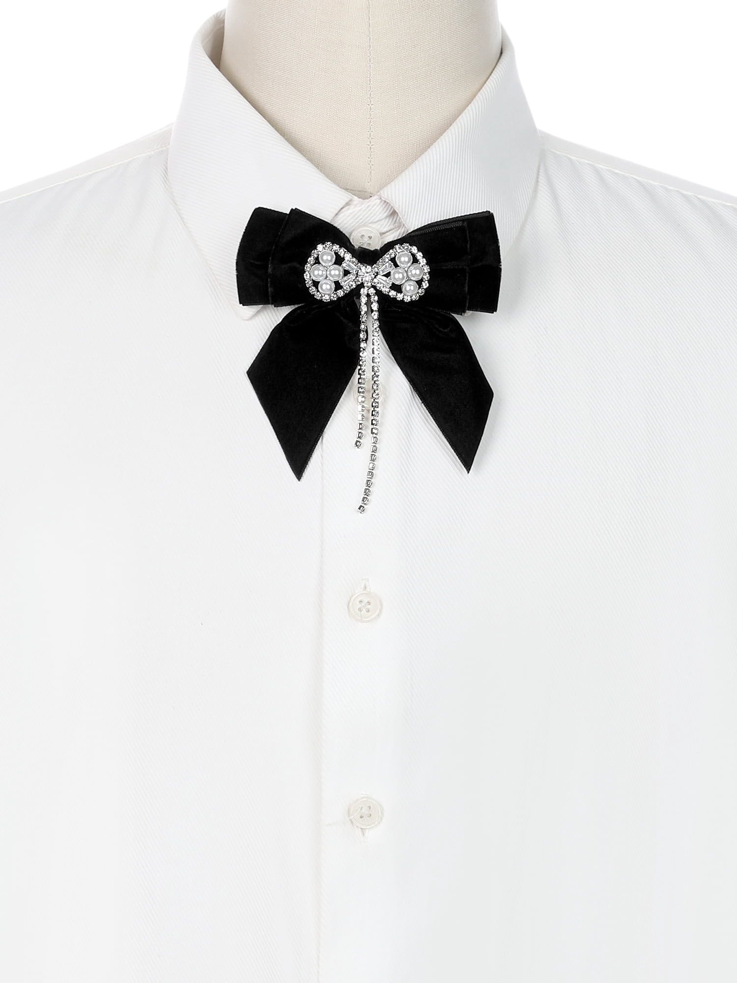 DARING DIVA Women's Velvet Faux Pearl Rhinestone Bow Tie Black