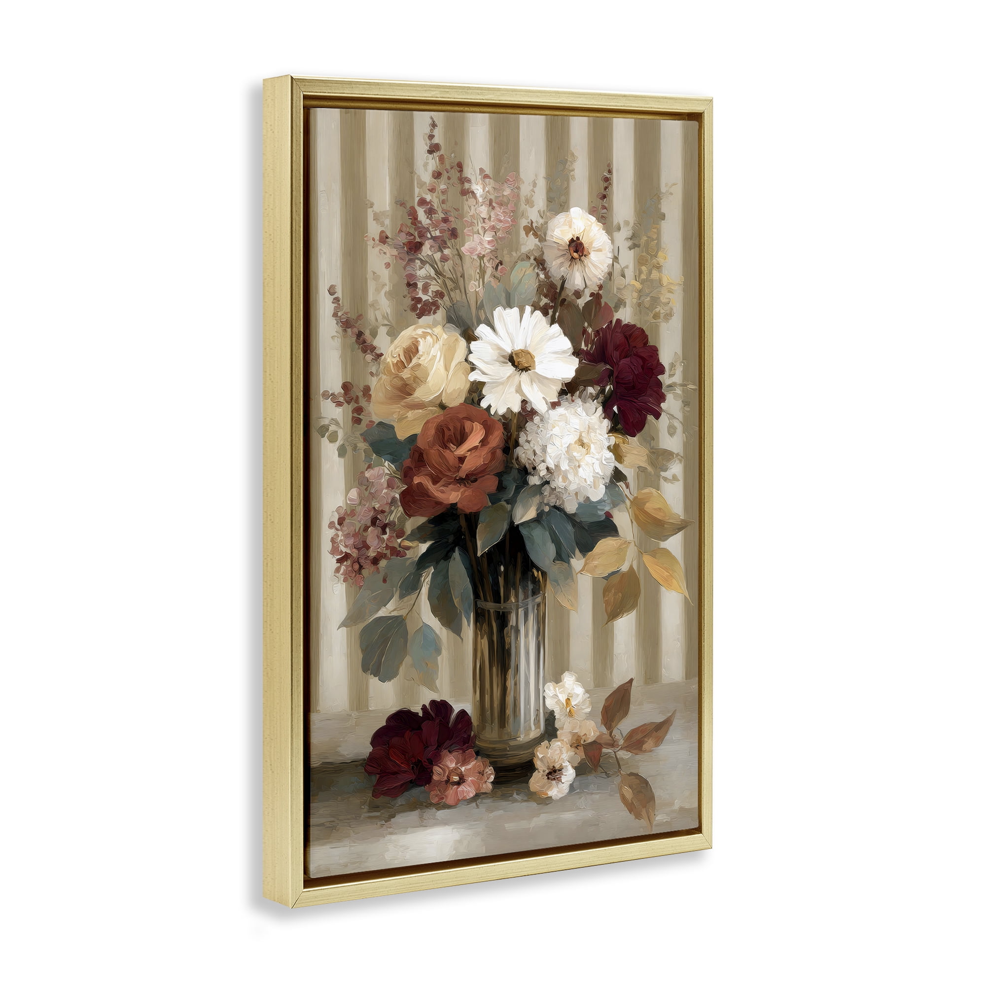 Stupell Industries Vintage Arrangement with Stripes Gold Framed Floater Canvas Wall Art, design by Petal Prints Design
