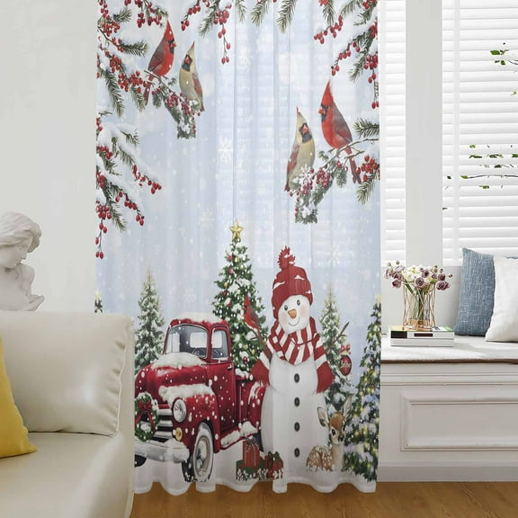 Light Blue Christmas Semi Sheer Curtains Drapes for Living Room, Bedroom, French Doors Window 84 Inches Long, Xmas Snowman Truck Tree Birds Rod Pocket Chiffon Curtain Drapery Voile Draperies Panel
