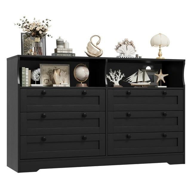 Commode à Tiroirs, Commode en Bois à 6 Tiroirs pour Chambre avec Lumière DEL, Commode en Bois de 55 Pouces de Large avec Grande Capacité de Rangement