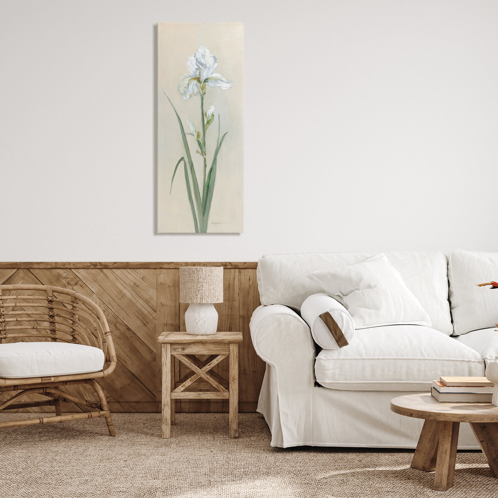 Stupell Industries White Iris on Beige Plants & Flowers Painting Wrapped Canvas Art Print Wall Art, 20 x 48