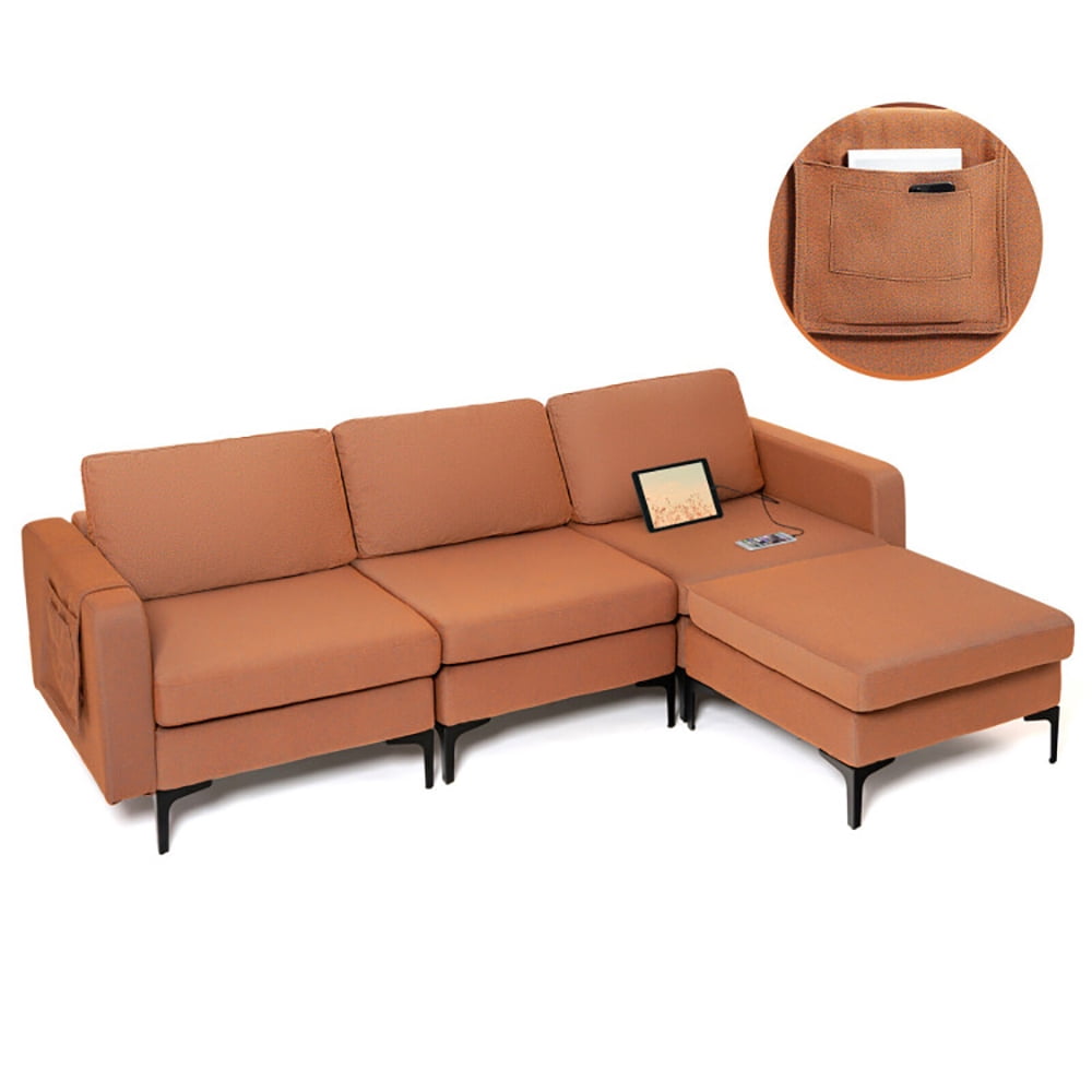 Finihen L-shaped Sectional Sofa Couch, Convertible Sectional Sofa, Modular L-shaped Sectional Sofa with Reversible Chaise and 2 USB Ports, for Living Room, Orange Finihen L-shaped Sectional Sofa Couch, Convertible Sectional Sofa, Modular L-shaped Sectional Sofa with Reversible Chaise and 2 USB Ports, for Living Room, Orange