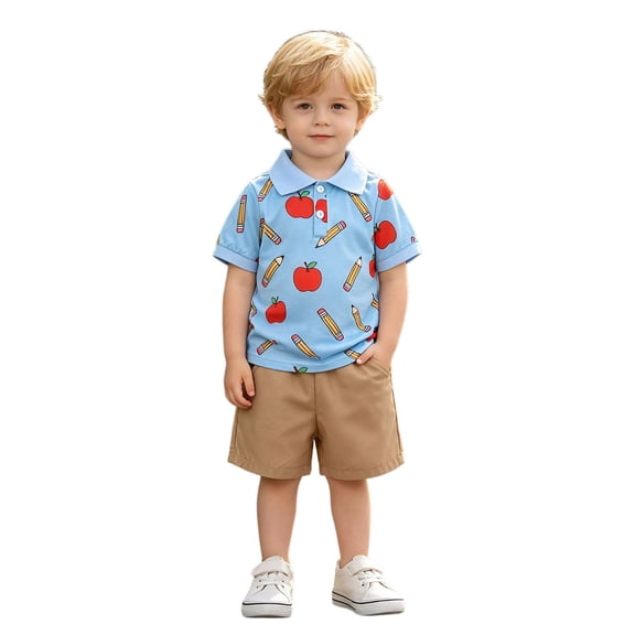 BOOMNY Toddler Baby Boy Back To School Outfit First Day Of School Short Sleeve Polo Shirt Shorts Set for Kids Soft Clothing Sets