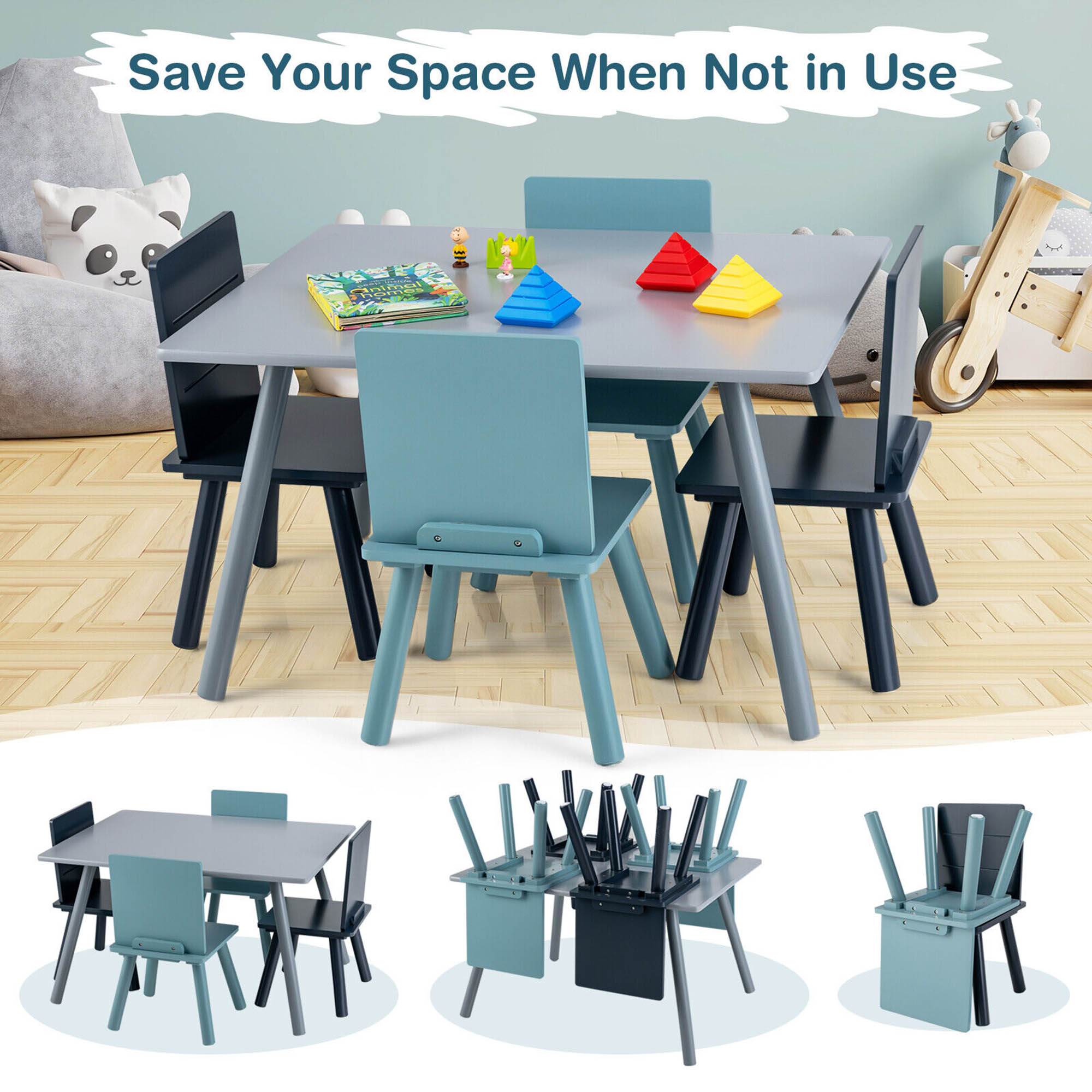 Gymax 5 Piece Kids Wooden Activity Table and 4 Chairs Play Set Gift w/ Building Blocks