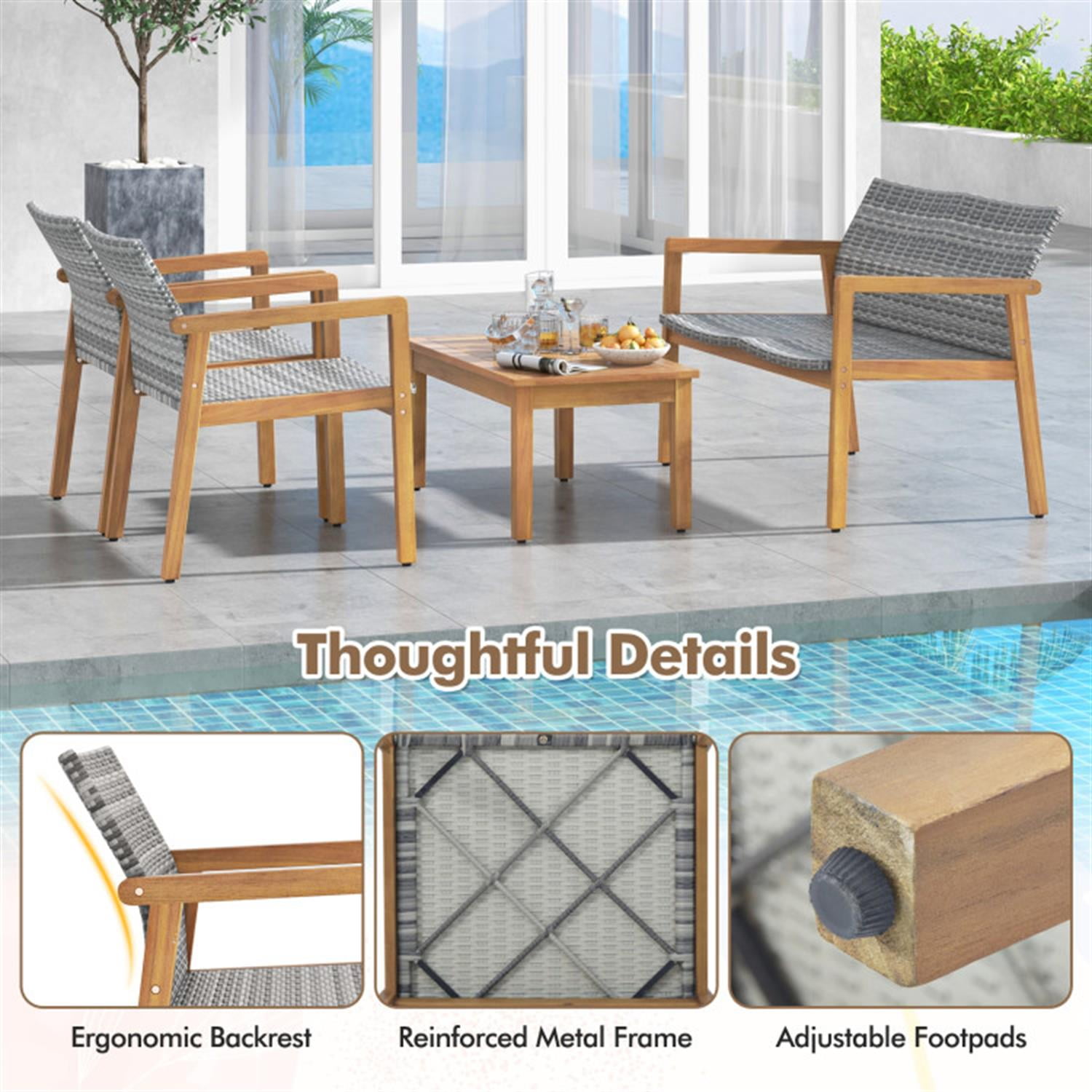 Demi Bonn 4-Piece Patio Furniture Set with Loveseat Single Chairs and Coffee Table, Conversation Armchairs for Garden Poolside Balcony, Gray