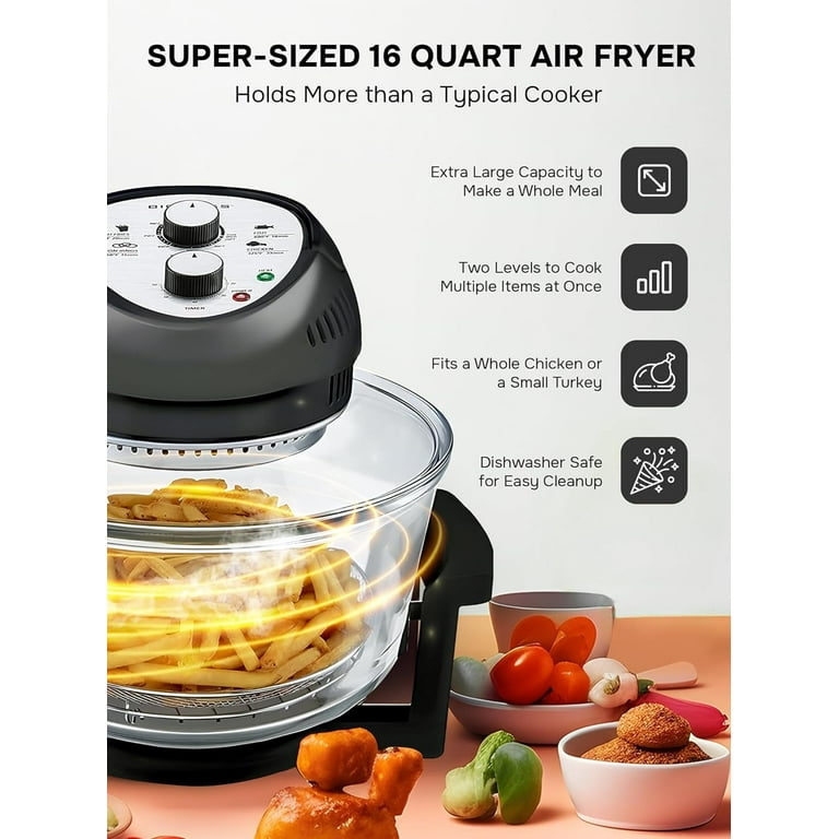 Big Boss Air Fryer Toaster Oven Combo 16Qt Kitchen Countertop Convection Rotisserie 1300W Large Glass Bowl Black