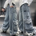 thumbnail image 4 of Ticikt Boys Baggy Jeans, Wide Leg Elastic Waist Denim Pants Loose Fit Trousers Vintage Y2K Streetwear for All Season,Color:Blue,Size:11-12 Years, 4 of 8