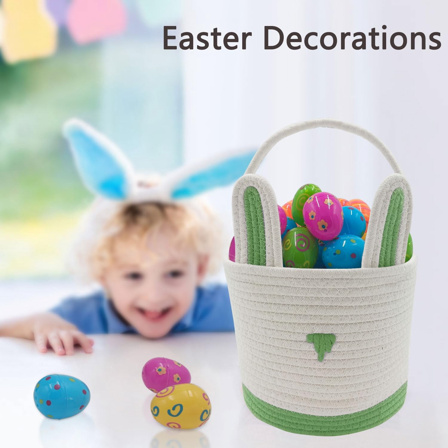 2 Pack Large Woven Easter Baskets for Girls & Boys - Empty Basket with Gift Bags and Ribbons Cute Easter Decorations Bunny Ears Designs (Blue+Green)