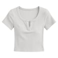thumbnail image 7 of Miluxas Girls' Ribbed Henley Crop Top - Short Sleeve Fitted T-Shirt, Casual Button Neck Tee for Kids, School, Playdates, Casual Outings & Everyday Wear White 1 Years, 7 of 7