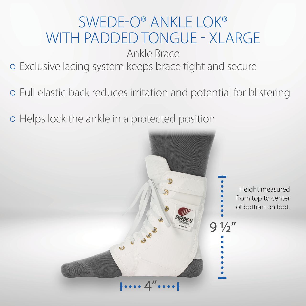 Swede-O Ankle Lok Reinforced Laced Ankle Brace for Sports, Padded Tongue, White, XLarge