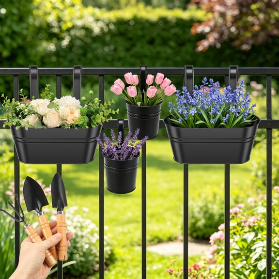 4 Pack Metal Hanging Flower Pots for Railing Fence Outdoor Balcony Rail Planter with Detachable Hooks Drainage Holes for Deck Garden Home Decor
