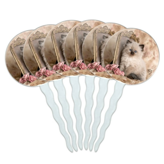 Ragdoll Tiffany Cat Kitten Victorian Roses Cupcake Picks Toppers Decoration Set of 6