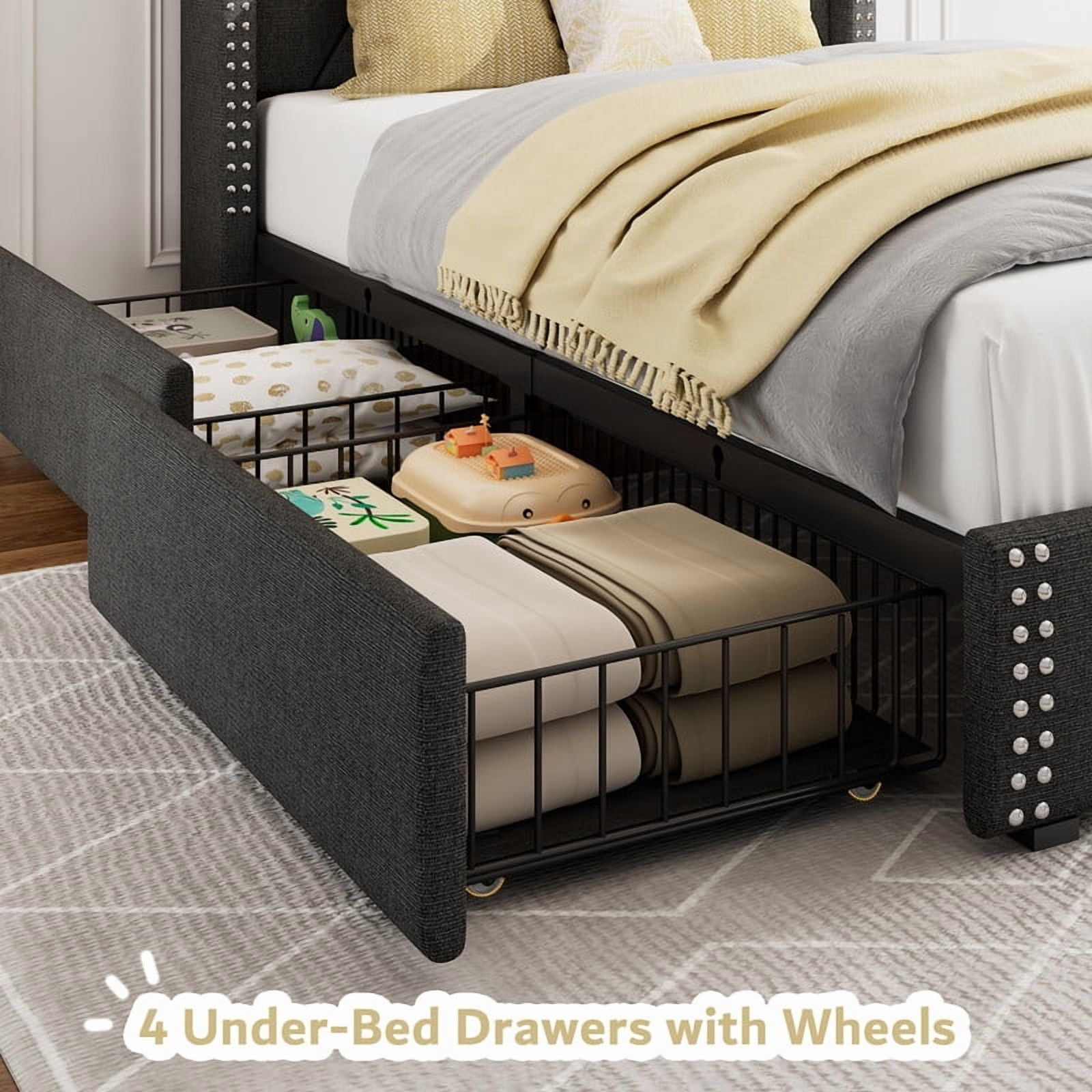 iPormis Twin Bed Frame with Charging Station & Wingback Upholstered Headboard, Platform Bed with 4 Storage Drawers , Solid Wood Slats Support, No Box Spring Needed, Dark Gray