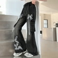 thumbnail image 2 of Otqutp Girls Cute Bow Cargo Flared Jeans Elastic Waist Wide Leg Baggy Denim Pants for Teen Y2K Stretchy Tween Denim Pants, 2 of 7