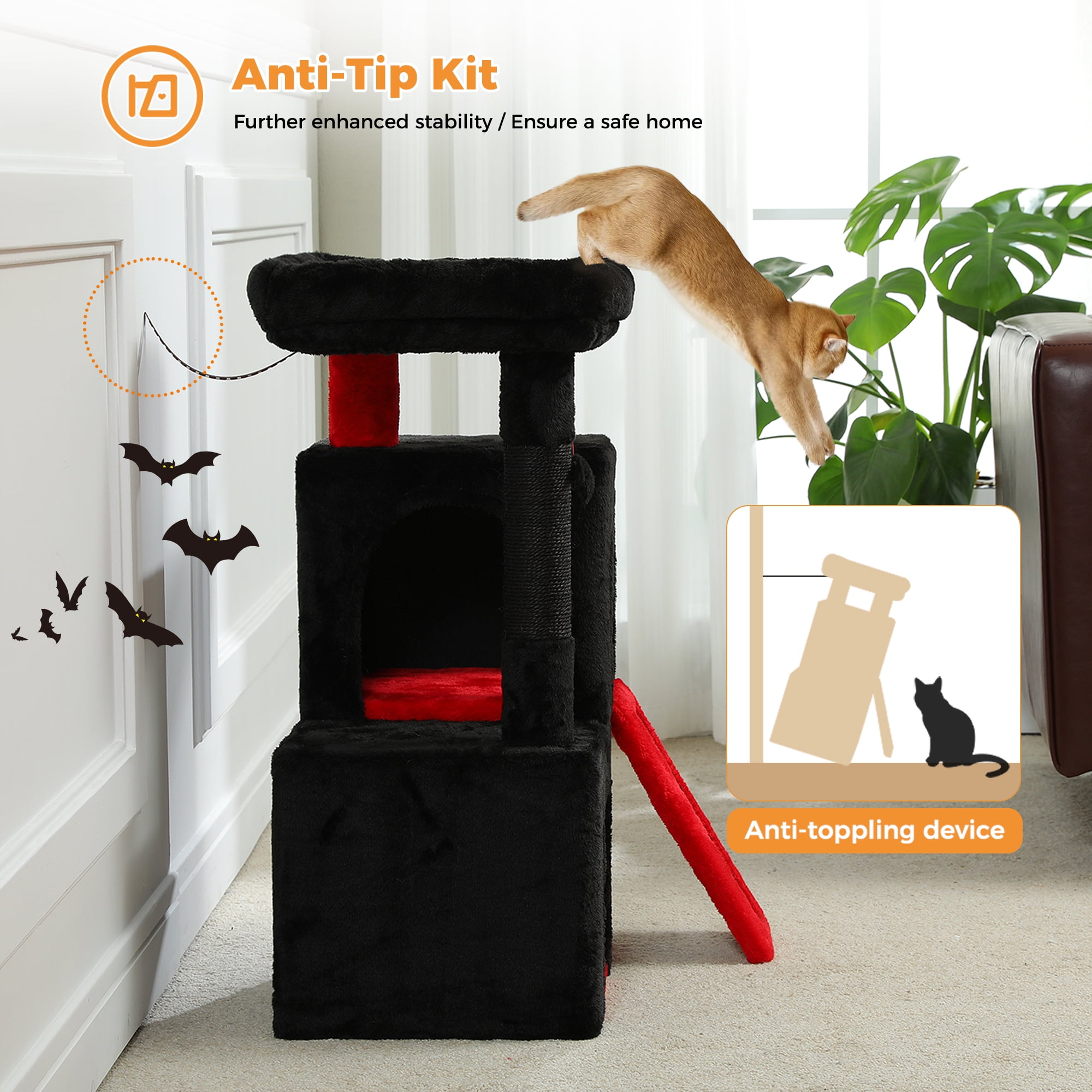 PAWZ Road 30" Cat Tree Condo with Sisal Scratching Post Tower Ramp for Indoor Cats,Black