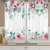 Pink Floral Kitchen Curtains Rod Pocket Abstract Flower Peony Spring Watercolor Green Leaves Small Short Cafe Tier Curtains Blossoming Window Treatment Drapes Decor(27.5W X 39L Inch 2 Panels)