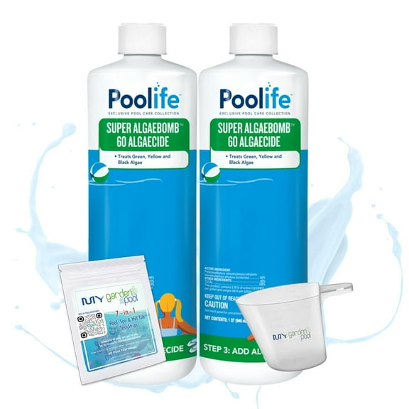 Poolife Super AlgaeBomb 60 Non-Foaming Liquid Algaecide for Pools, Spas & Winterizing 60% Polyquat Formula Includes 7-in-1 Test Strips, Measuring Cup & Pool-IQ AI Assistant 2 Pack