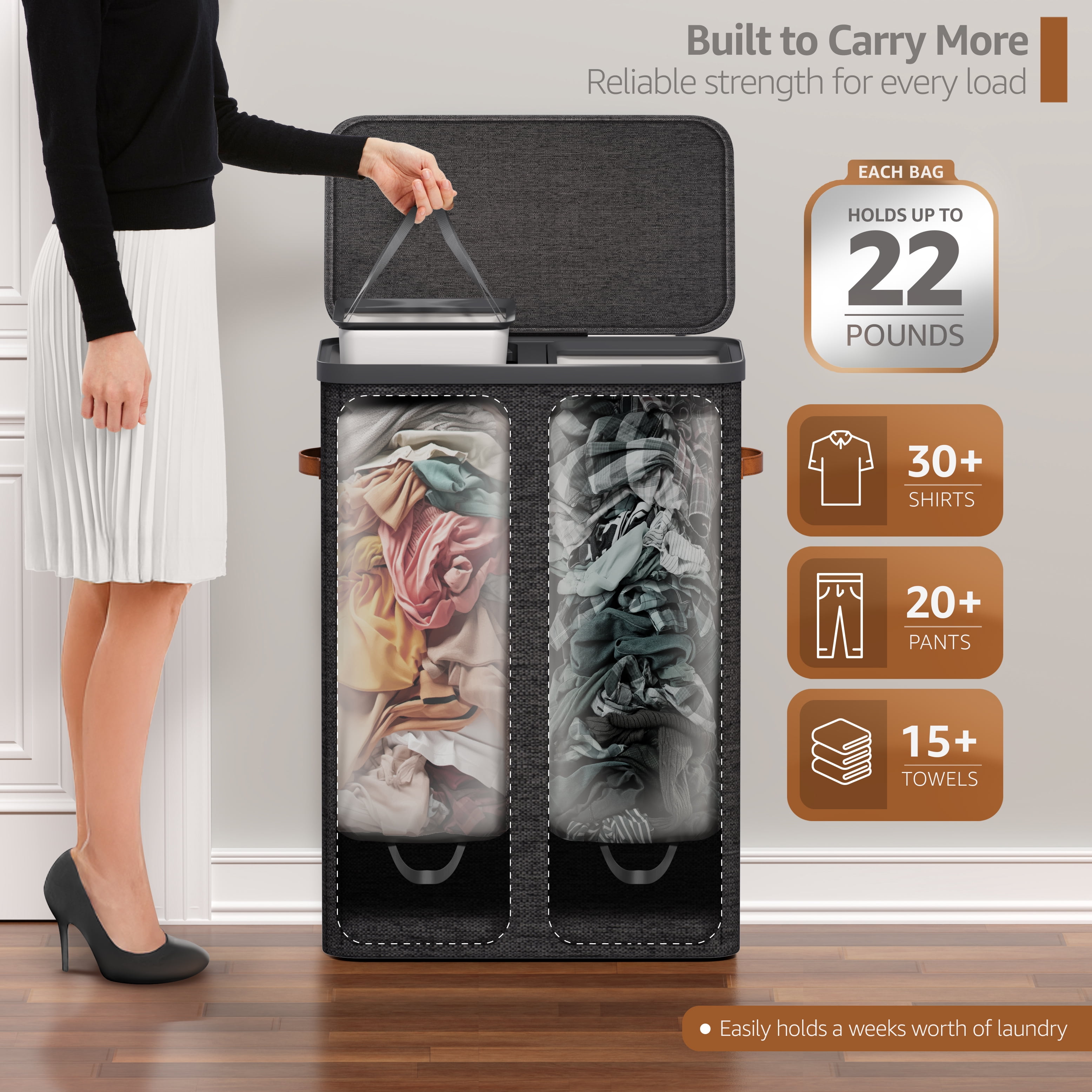 Sorbus Collapsible Fabric Laundry Hamper with Removable Bag, 2 Compartment, Black