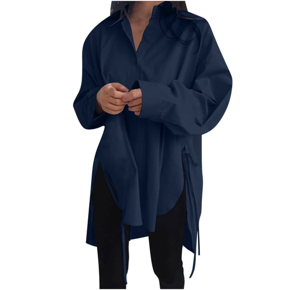 Babysbule Womens Tops Long Sleeve Clearance Women's Loose Short Front Long Back Lace-up Slim Shirt Long Sleeve V-neck Top/Shirt