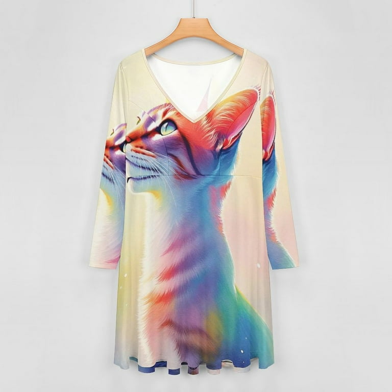 Rainbow Cat Long Sleeve Dresses For Women Vintage Elegant Party Dress  Oversized V-neck Dress S-8XL - Walmart.com