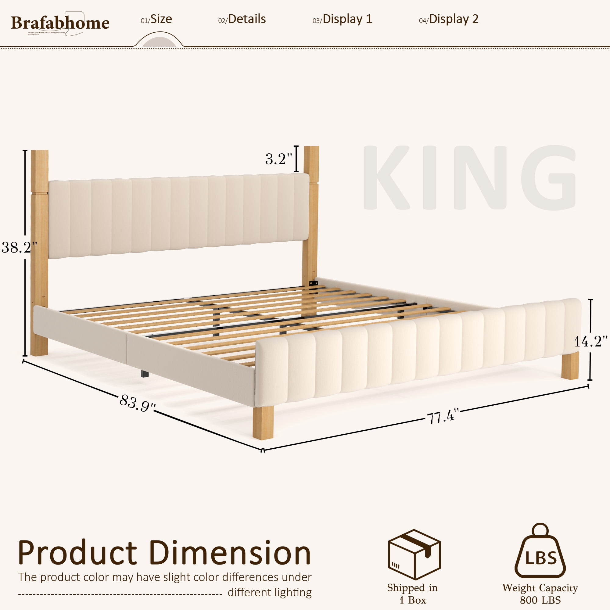 Brafabhome King Bed Frame with Upholstered Headboard, Modern Wood Bed Frame with Solid Wood Posts, No Box Spring Needed, Beige Linen