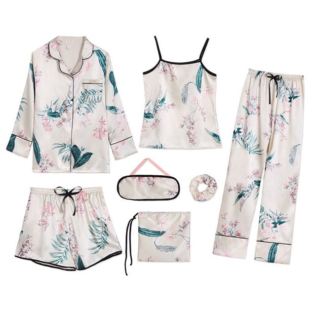 Conjunto de pijama rosa para mujer, ropa de dormir con tirantes, lencería de seda satinada, ropa de casa, 7 piezas